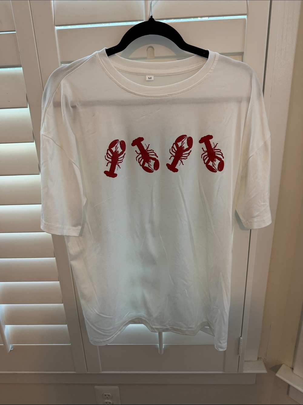 White Short-Sleeve Men’s Tee with Red Lobster Print